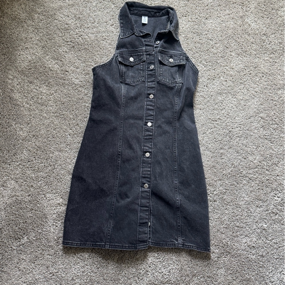H&M black denim button up sleeveless dress